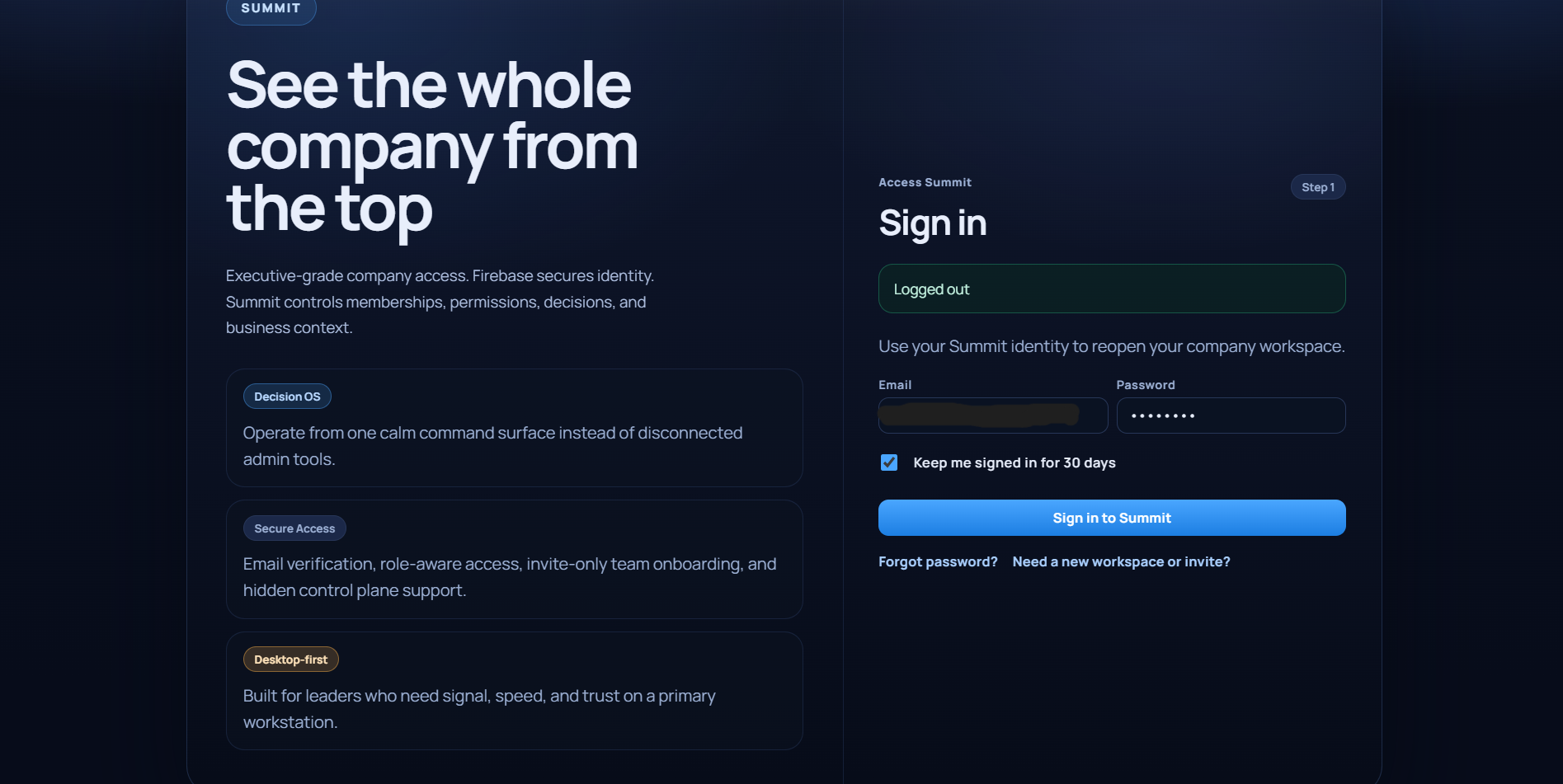 Summit sign-in screen — invite-based access